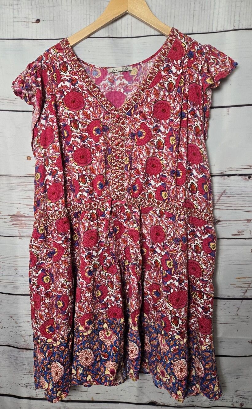 Dex Womens Dress Size 3X Pink Floral Boho V-Neck Tie Waist Flutter Sleeve Casual